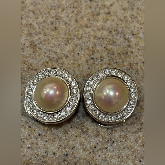 Dior Jewelry - Christian Dior Silver Pearl Clip On Vintage Stud Earrings designer 20mm w COA